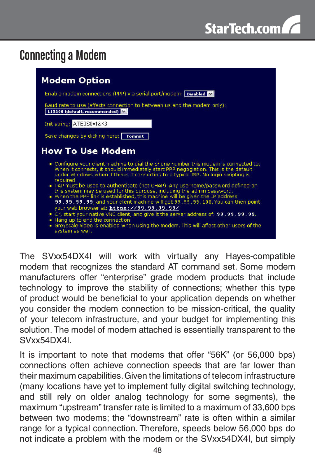 StarTech.com SV1654DX4I, SV3254DX4I instruction manual Connecting a Modem 