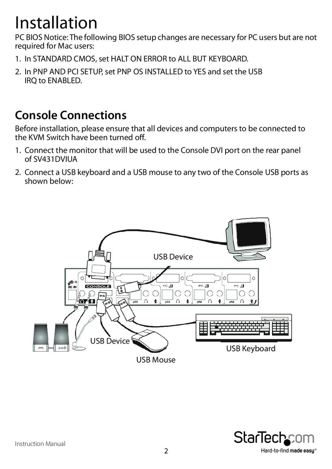 StarTech.com SV431-DVIUA manual Installation, Console Connections 
