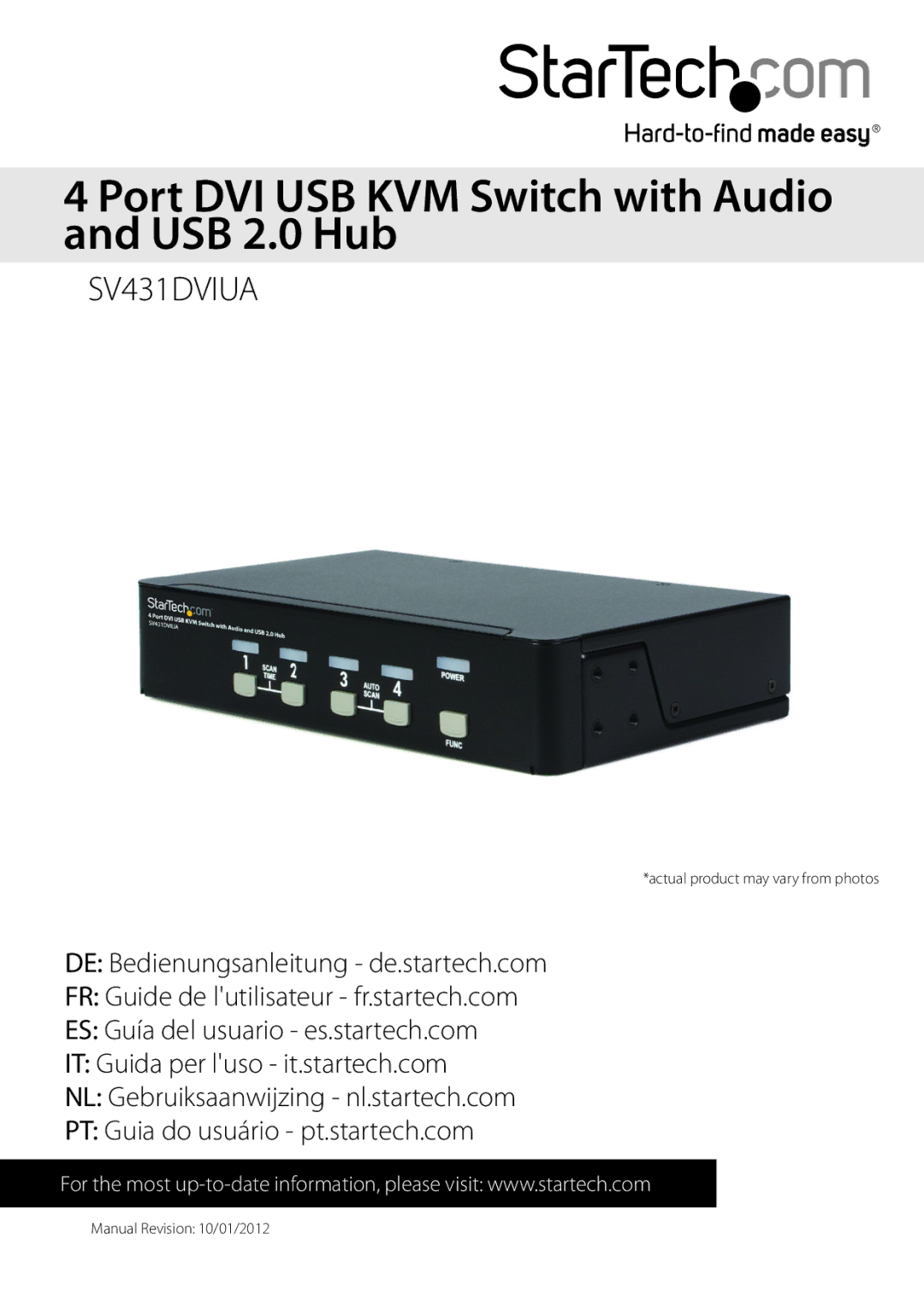 StarTech.com SV431-DVIUA manual Port DVI USB KVM Switch with Audio and USB 2.0 Hub 