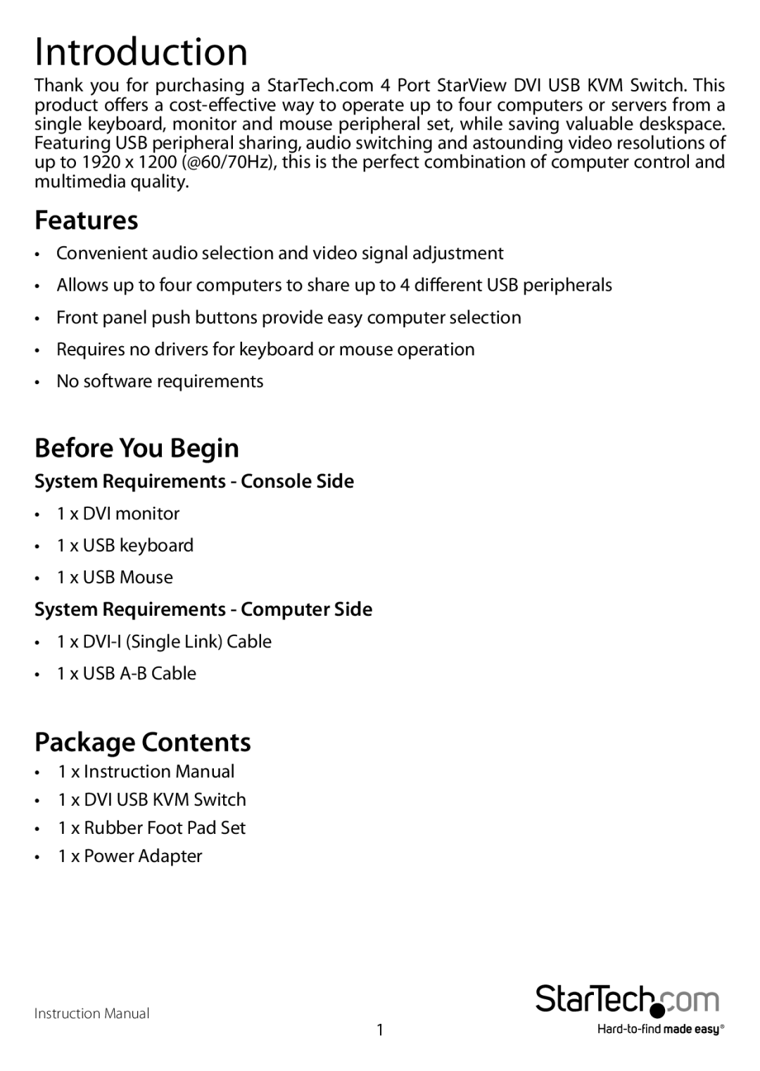 StarTech.com SV431-DVIUA manual Introduction, Features, Before You Begin, Package Contents 