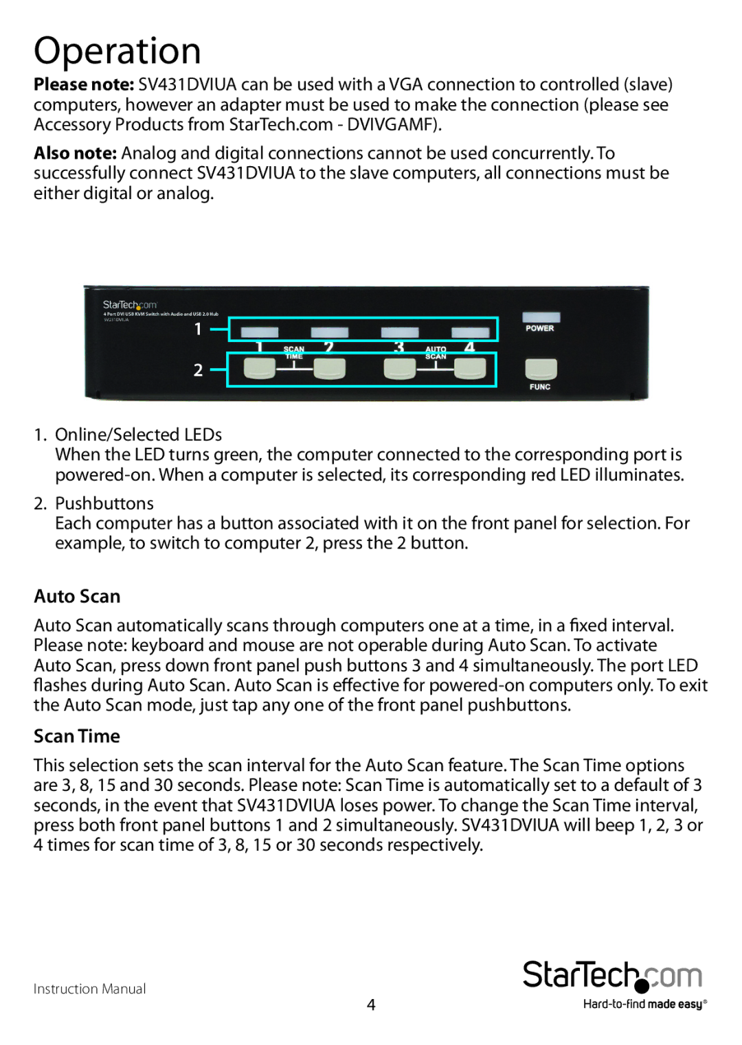 StarTech.com SV431-DVIUA manual Operation, Auto Scan, Scan Time 