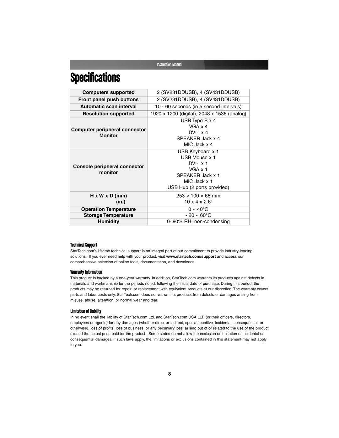 StarTech.com SV231DDUSB, SV431DDUSB instruction manual Specifications 