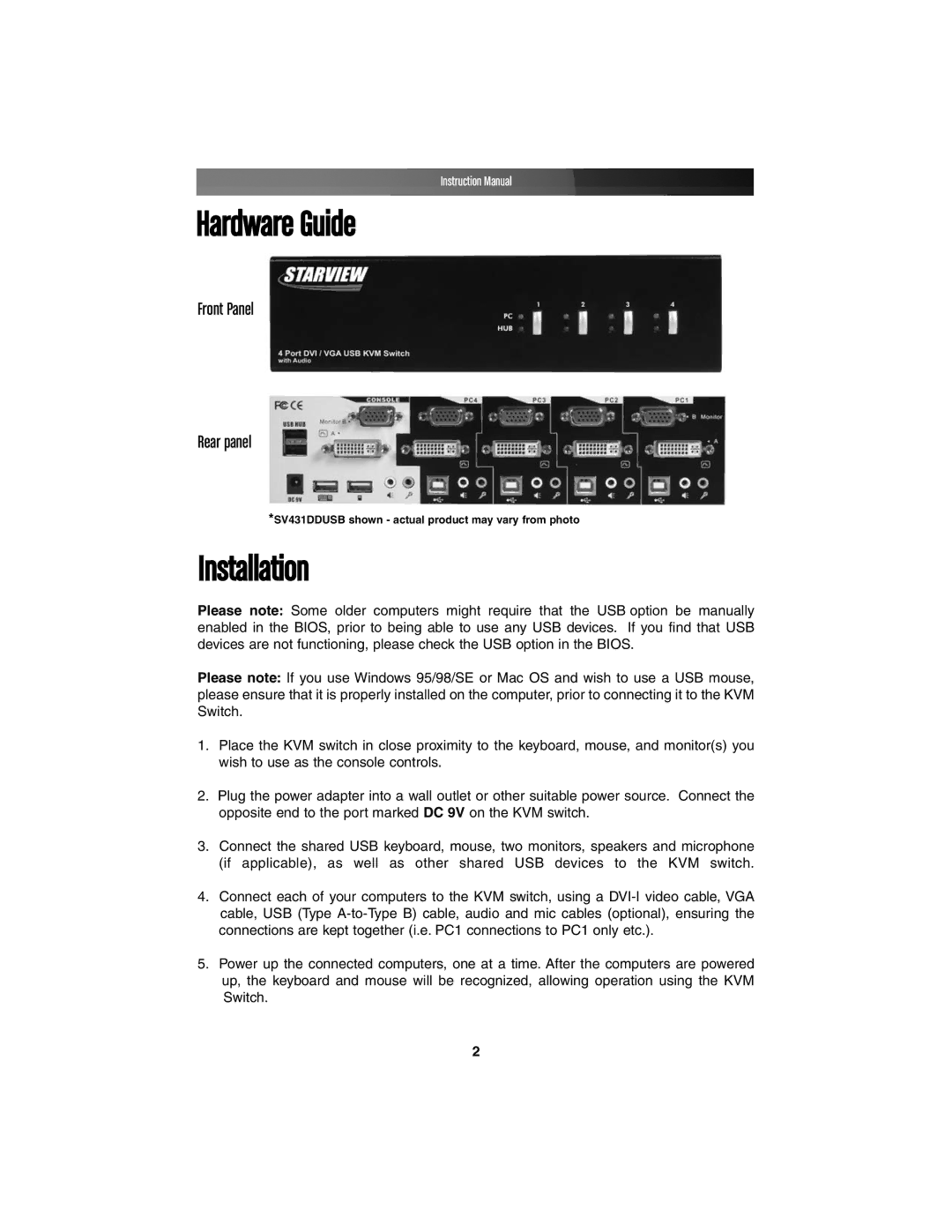 StarTech.com SV231DDUSB, SV431DDUSB instruction manual Hardware Guide, Installation, Front Panel Rear panel 