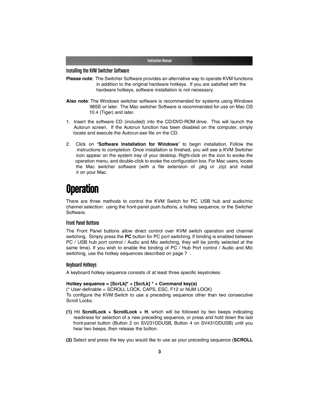 StarTech.com SV431DDUSB, SV231DDUSB Operation, Installing the KVM Switcher Software, Front Panel Buttons, Keyboard Hotkeys 