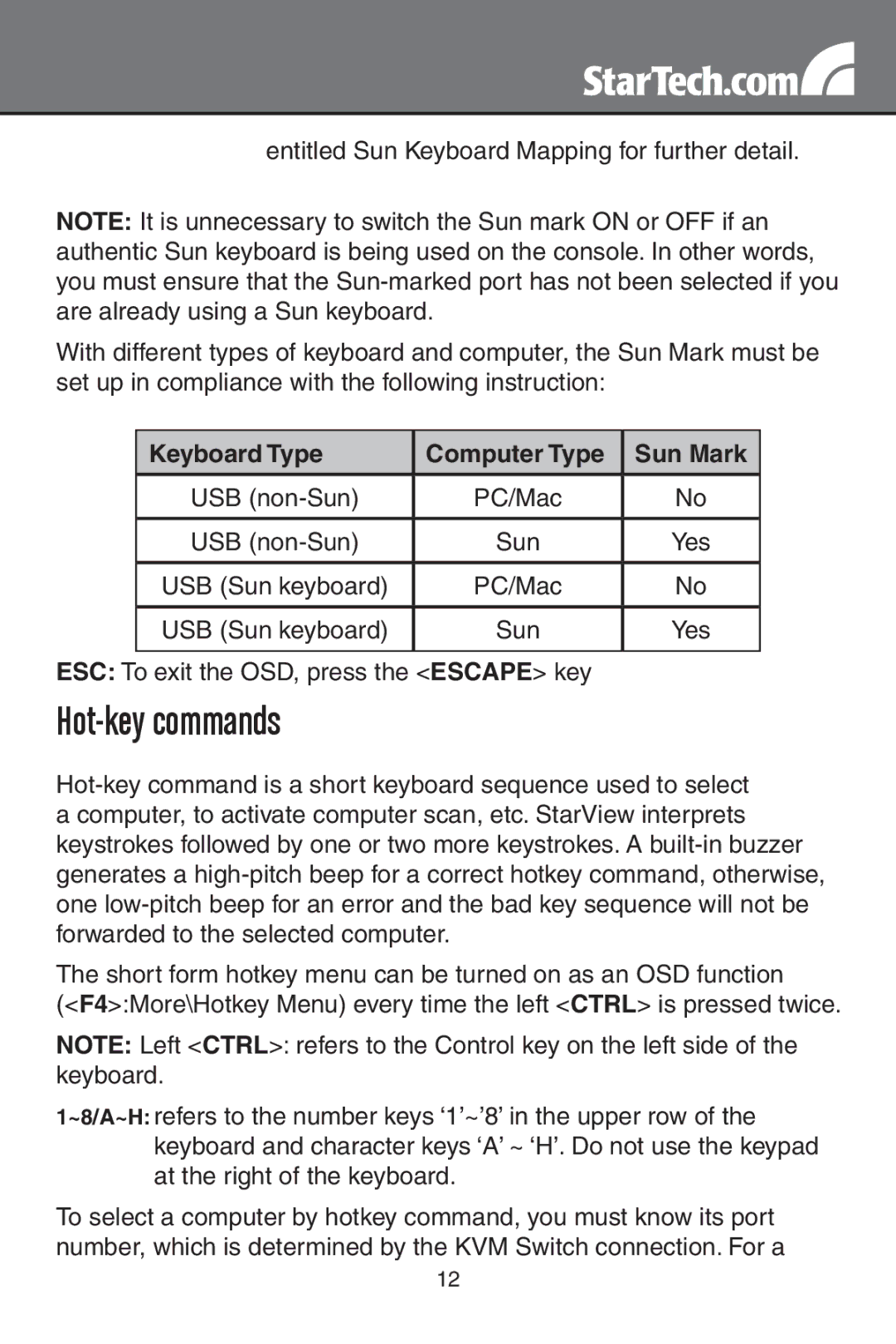 StarTech.com sv431dusb, SV1631DUSB, SV831DUSB instruction manual Hot-key commands, Keyboard Type, Sun Mark 