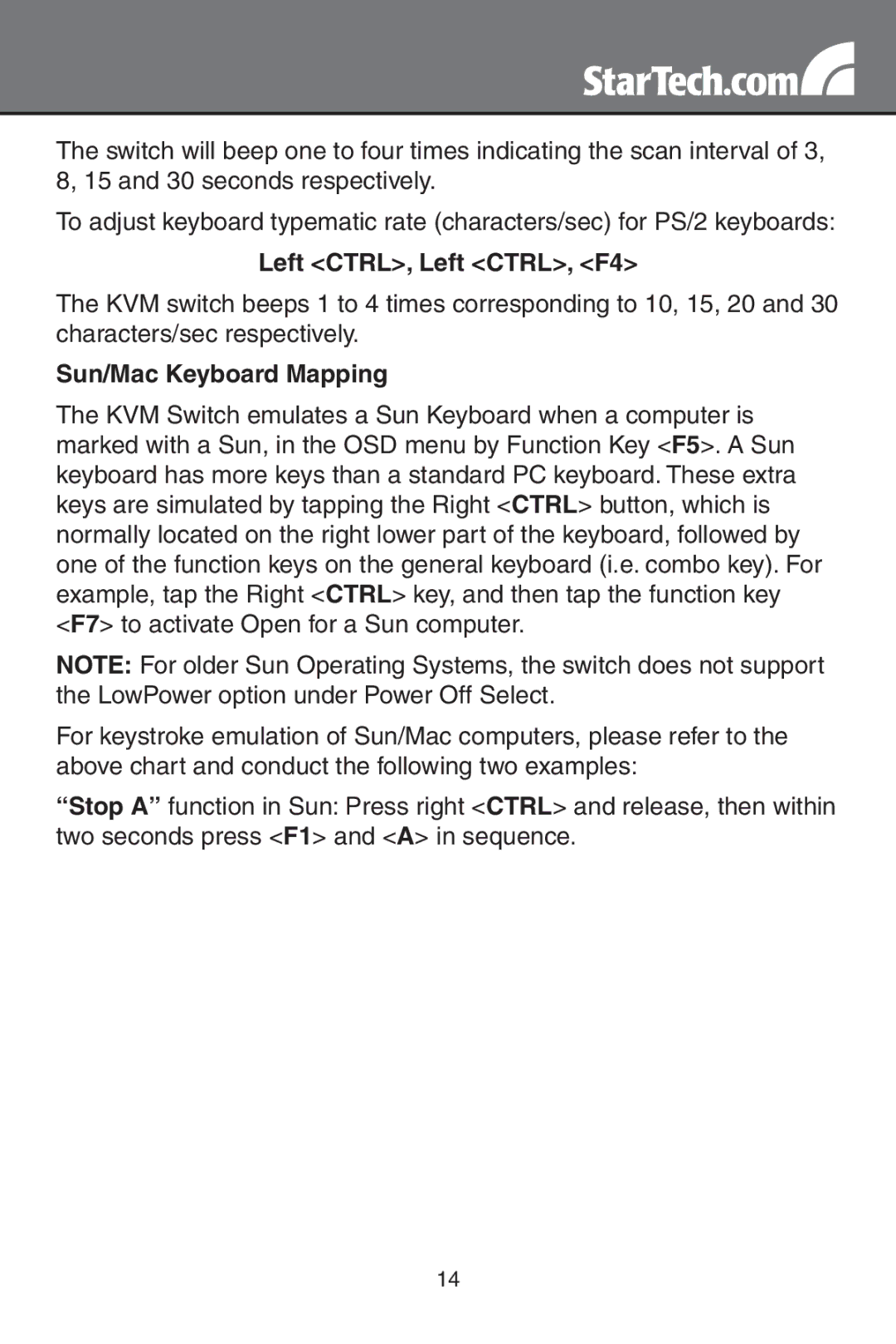 StarTech.com SV831DUSB, sv431dusb, SV1631DUSB instruction manual Left CTRL, Left CTRL, F4, Sun/Mac Keyboard Mapping 