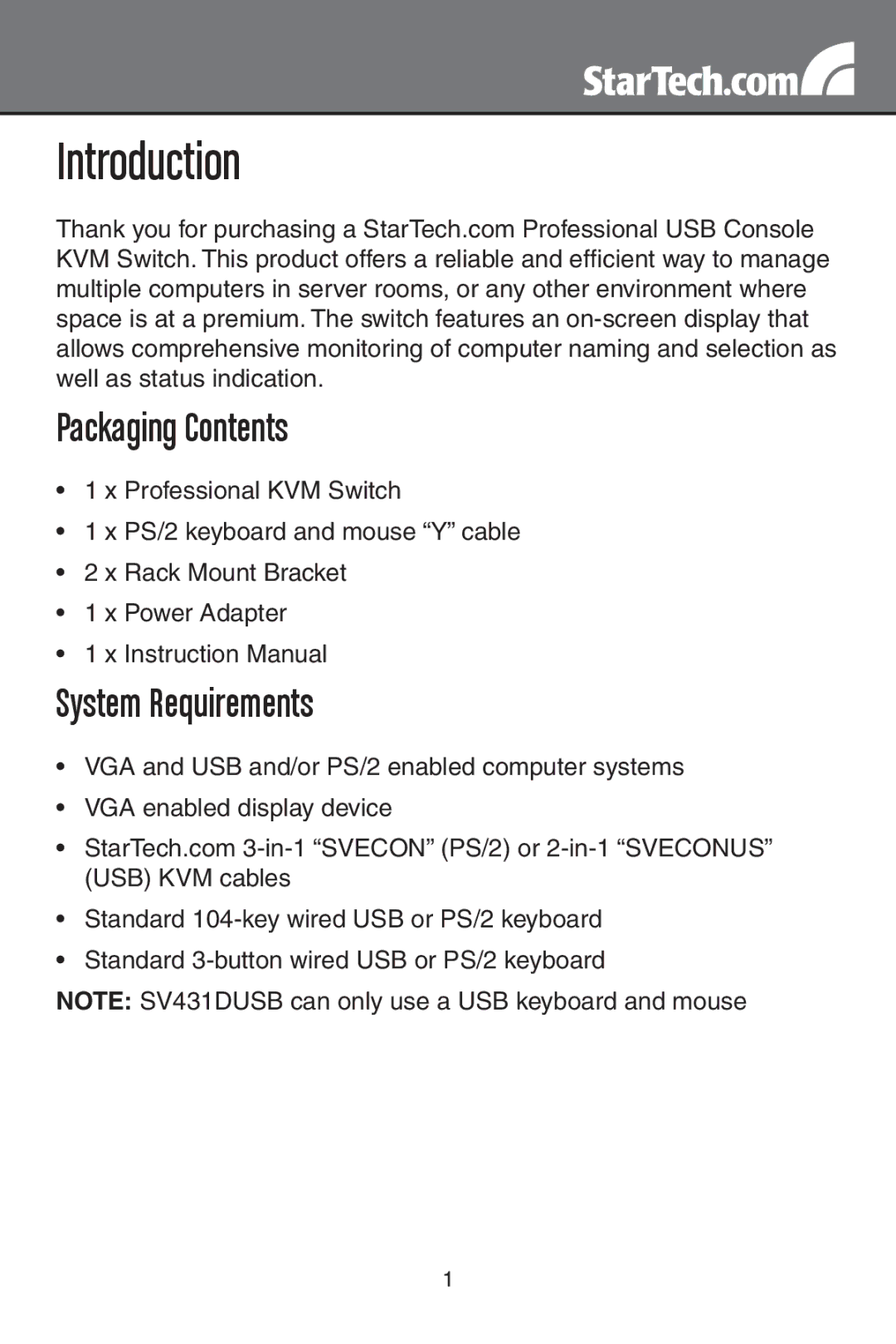 StarTech.com SV1631DUSB, sv431dusb, SV831DUSB instruction manual Introduction, Packaging Contents, System Requirements 