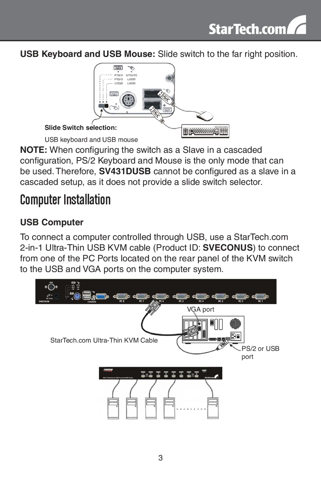 StarTech.com sv431dusb, SV1631DUSB, SV831DUSB instruction manual Computer Installation, USB Computer 