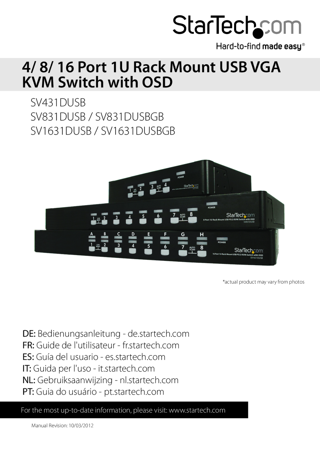 StarTech.com sv431dusb manual Port 1U Rack Mount USB VGA KVM Switch with OSD 