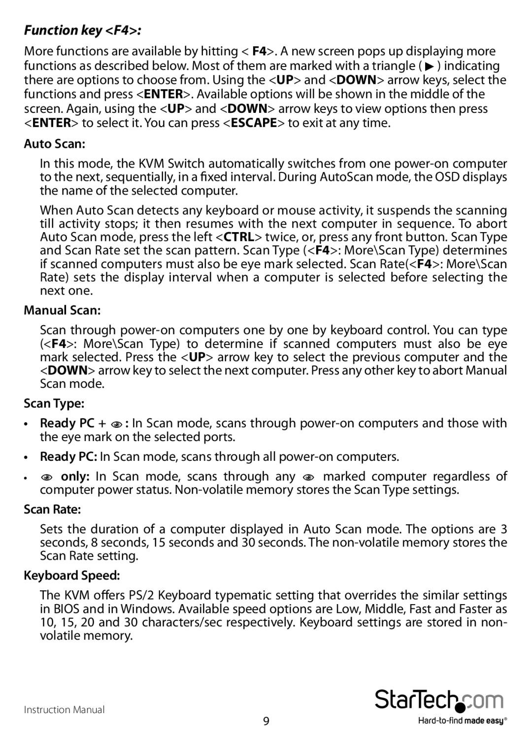 StarTech.com sv431dusb manual Auto Scan, Manual Scan, Scan Type, Scan Rate, Keyboard Speed 