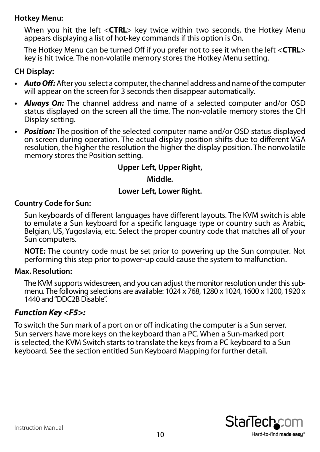 StarTech.com sv431dusb manual Hotkey Menu, CH Display, Max. Resolution 