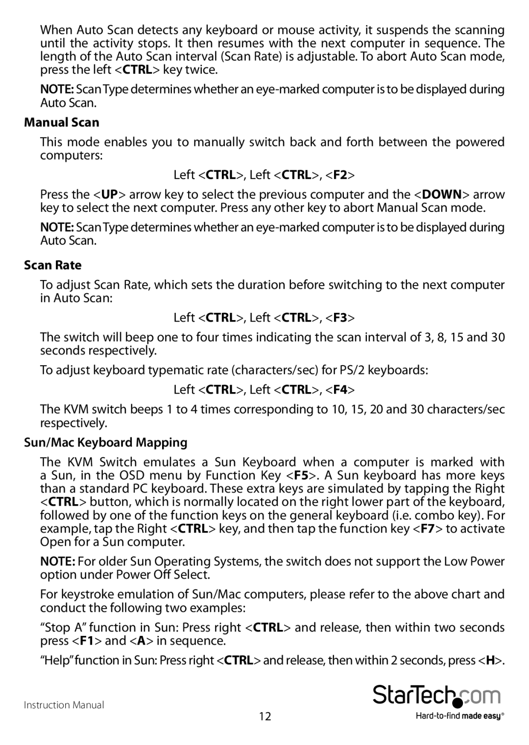 StarTech.com sv431dusb manual Manual Scan, Sun/Mac Keyboard Mapping 