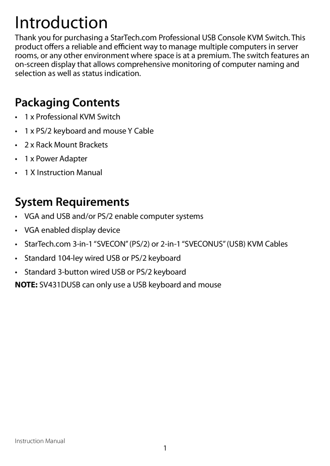 StarTech.com sv431dusb manual Introduction, Packaging Contents, System Requirements 