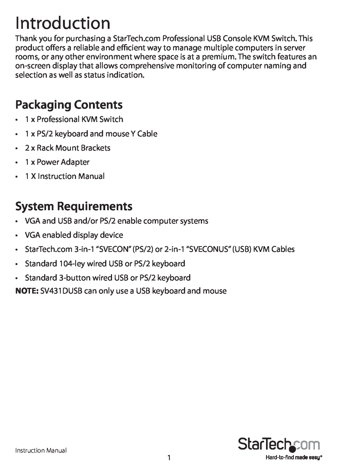 StarTech.com sv431dusb manual Introduction, Packaging Contents, System Requirements 