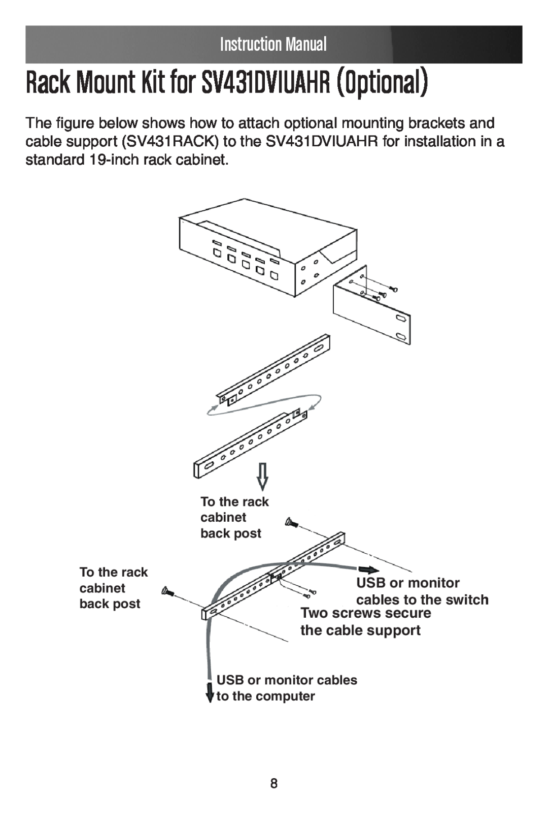 StarTech.com Rack Mount Kit for SV431DVIUAHR Optional, Instruction Manual, USB or monitor, Two screws secure, cabinet 