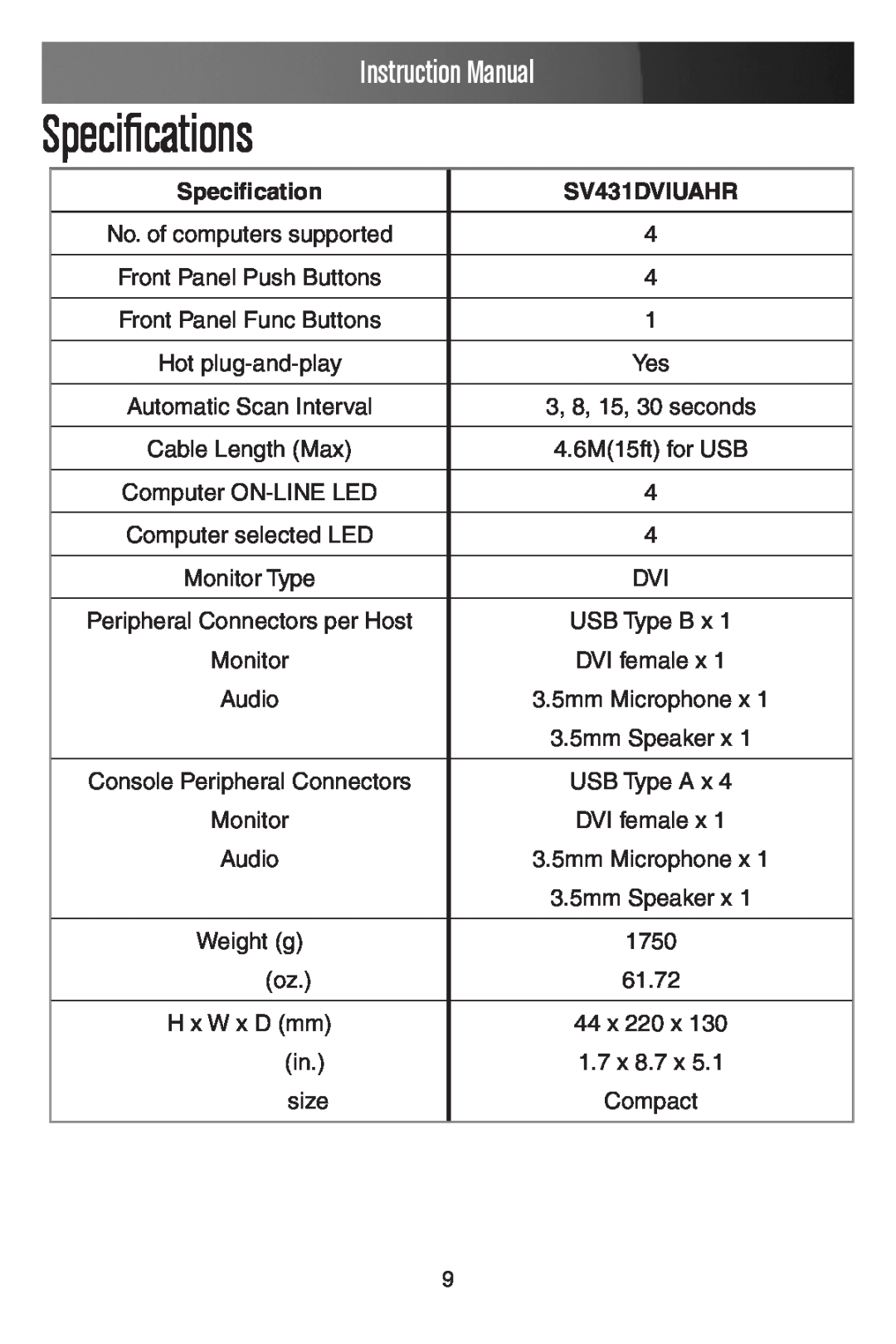 StarTech.com SV431DVIUAHR manual Specifications, Instruction Manual 