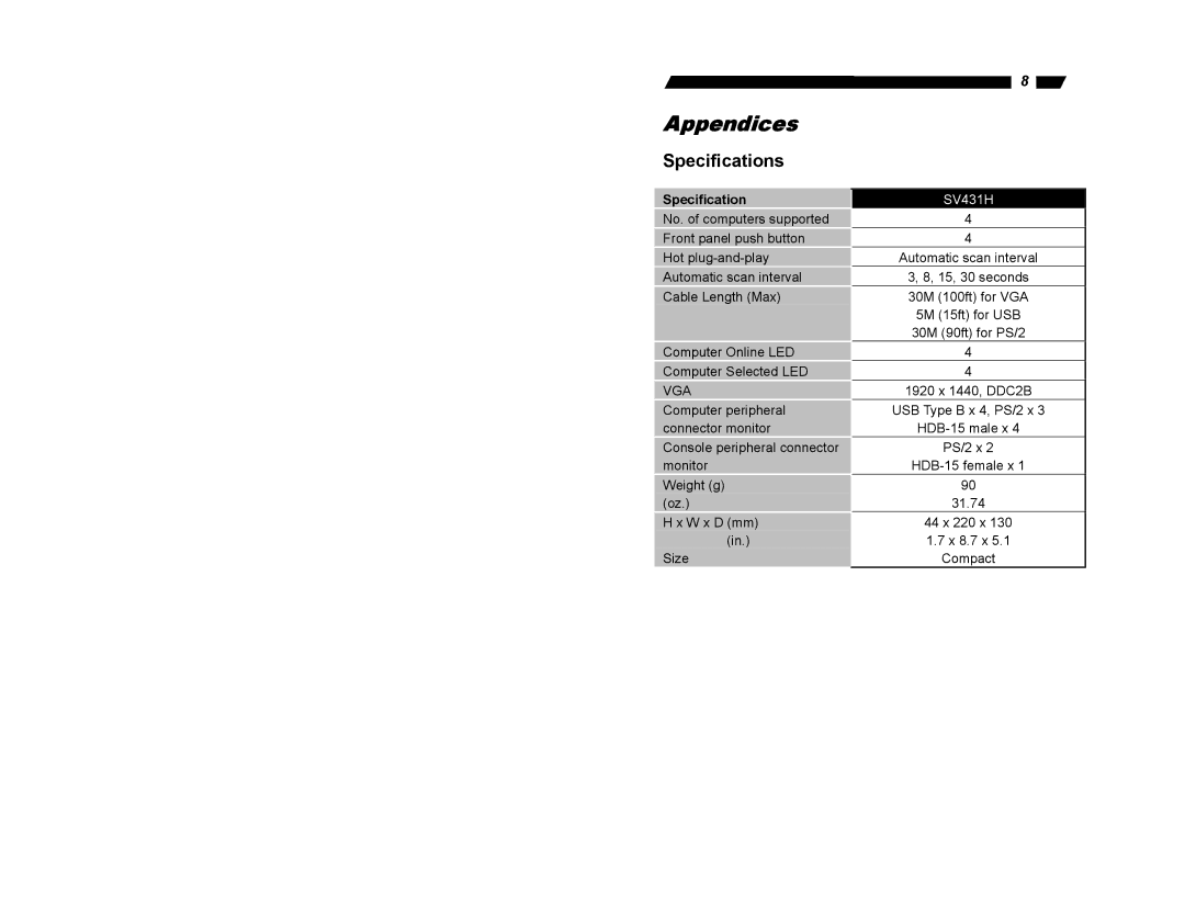 StarTech.com SV431H user manual Appendices, Specifications 