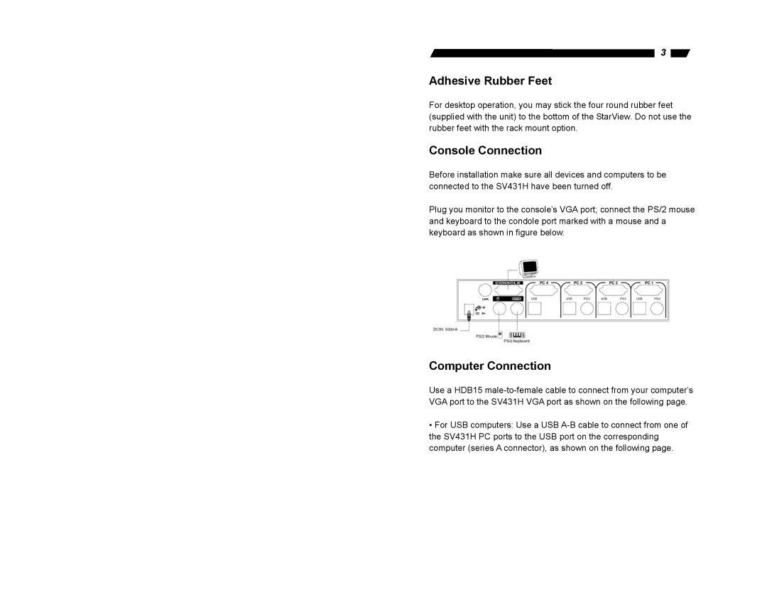 StarTech.com SV431H user manual Adhesive Rubber Feet, Console Connection, Computer Connection 