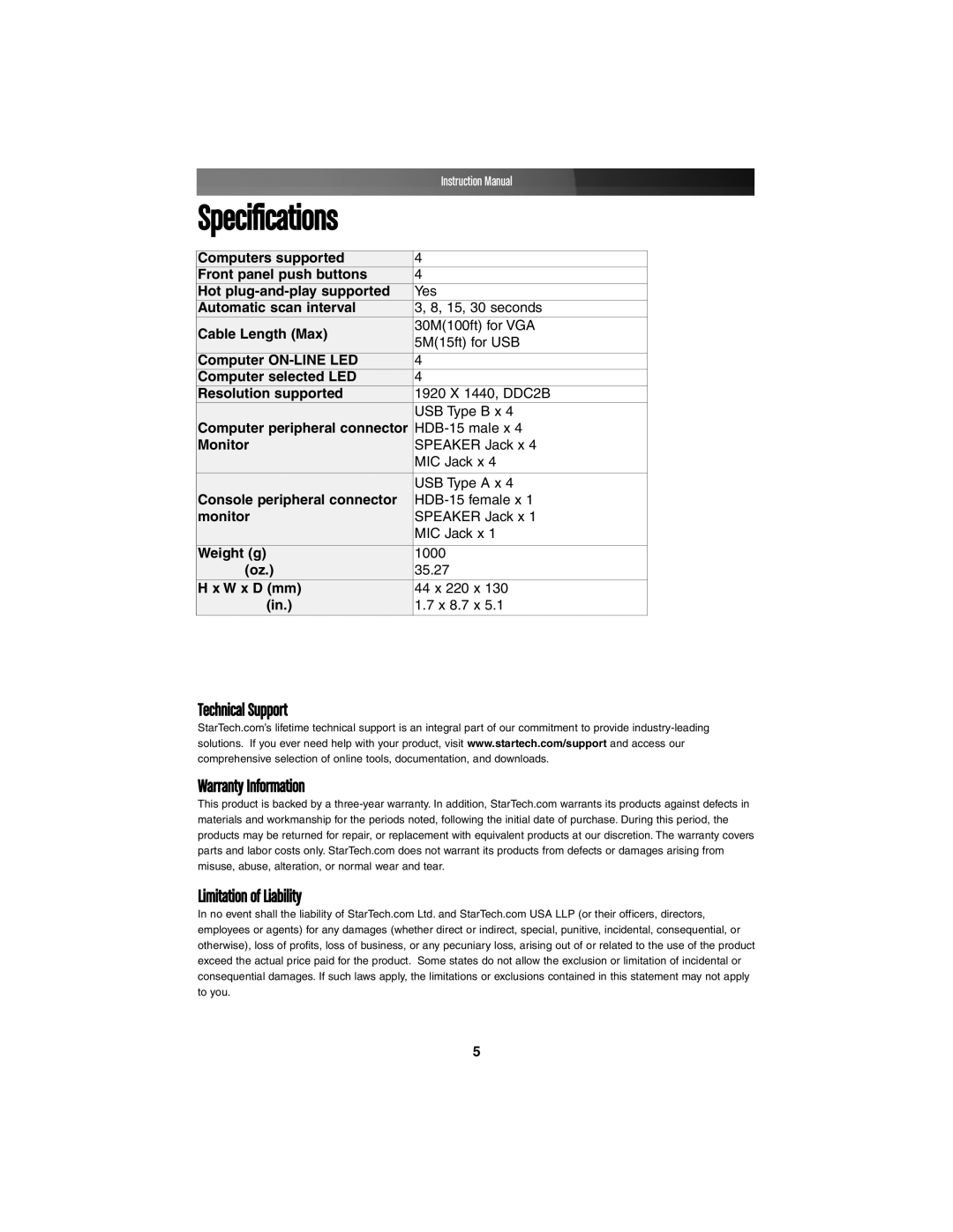 StarTech.com SV431USBAE instruction manual Specifications 