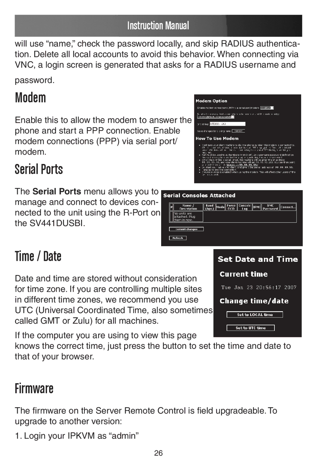 StarTech.com SV441DUSBI instruction manual Modem, Serial Ports, Time / Date, Firmware 