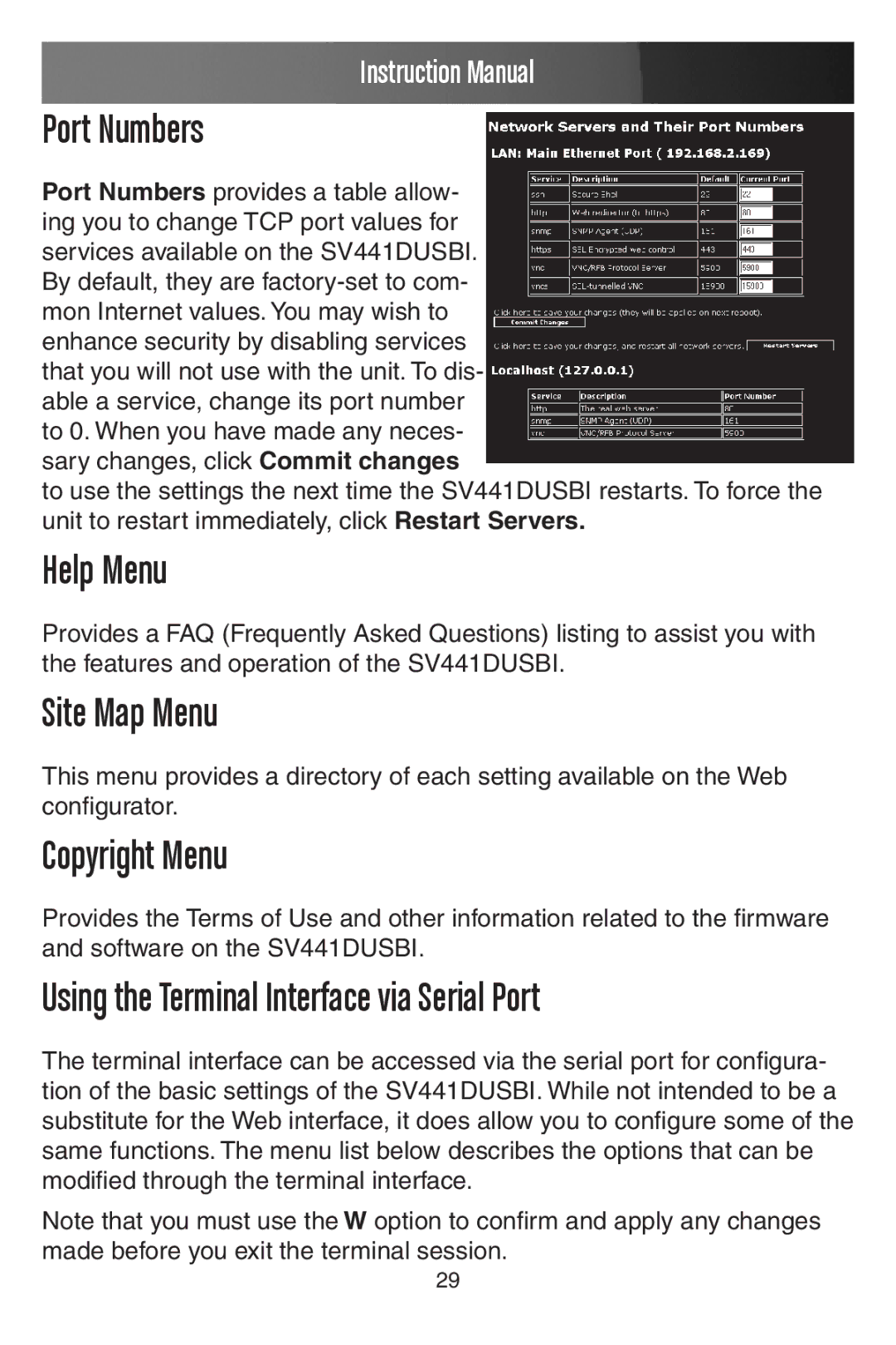 StarTech.com SV441DUSBI instruction manual Port Numbers, Help Menu, Site Map Menu, Copyright Menu 