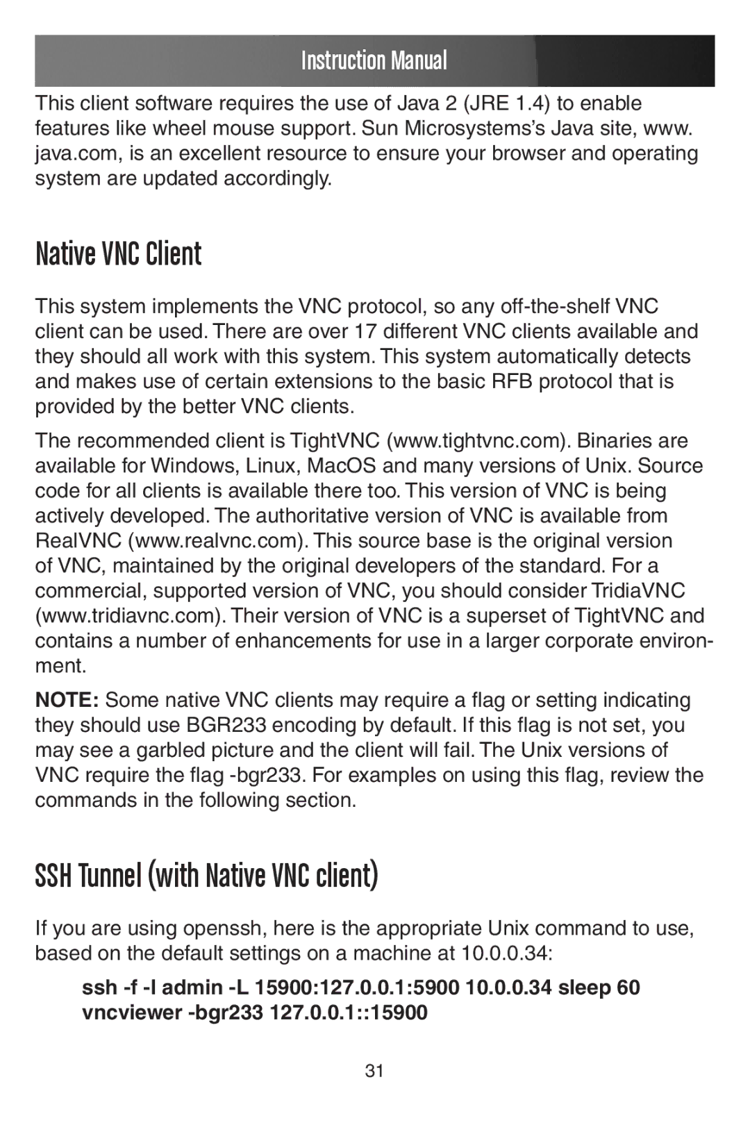 StarTech.com SV441DUSBI instruction manual Native VNC Client, SSH Tunnel with Native VNC client 