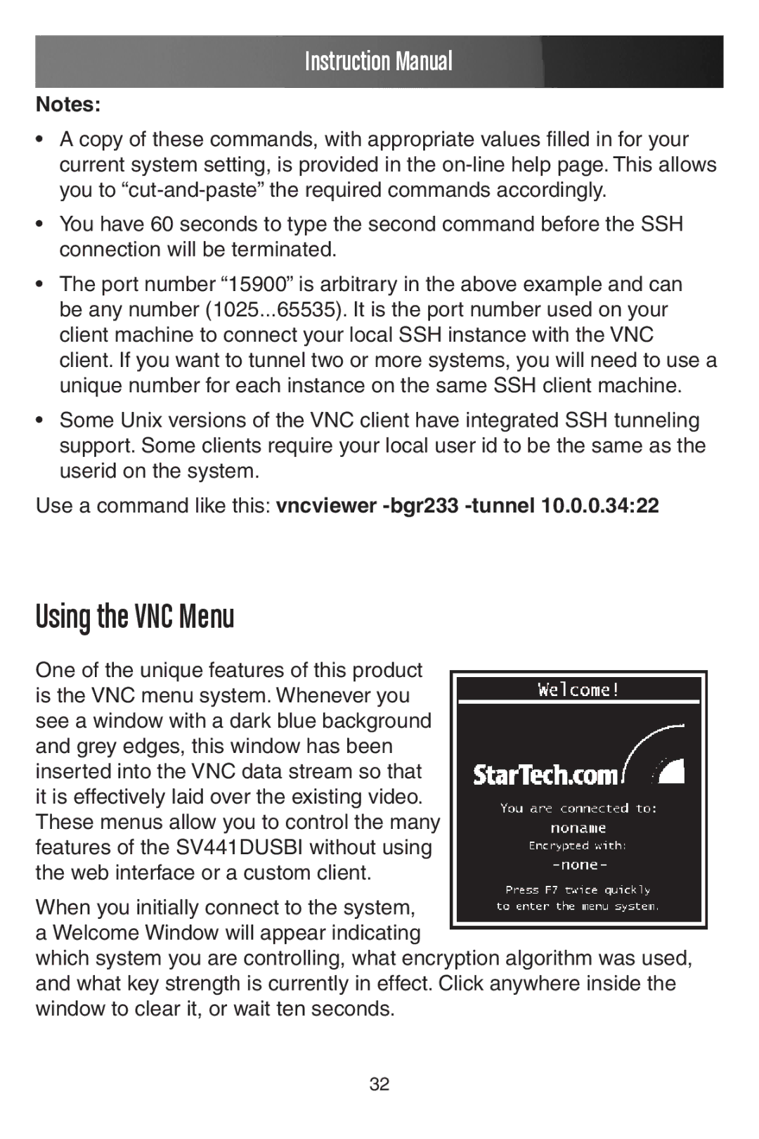 StarTech.com SV441DUSBI instruction manual Using the VNC Menu, Use a command like this vncviewer -bgr233 -tunnel 