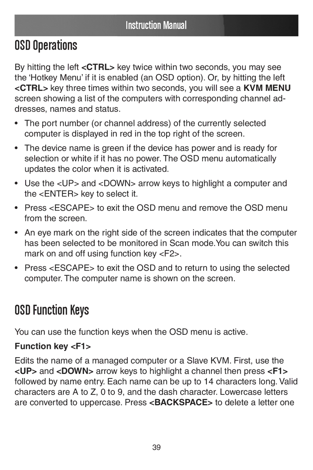 StarTech.com SV441DUSBI instruction manual OSD Operations, OSD Function Keys, Function key F1 