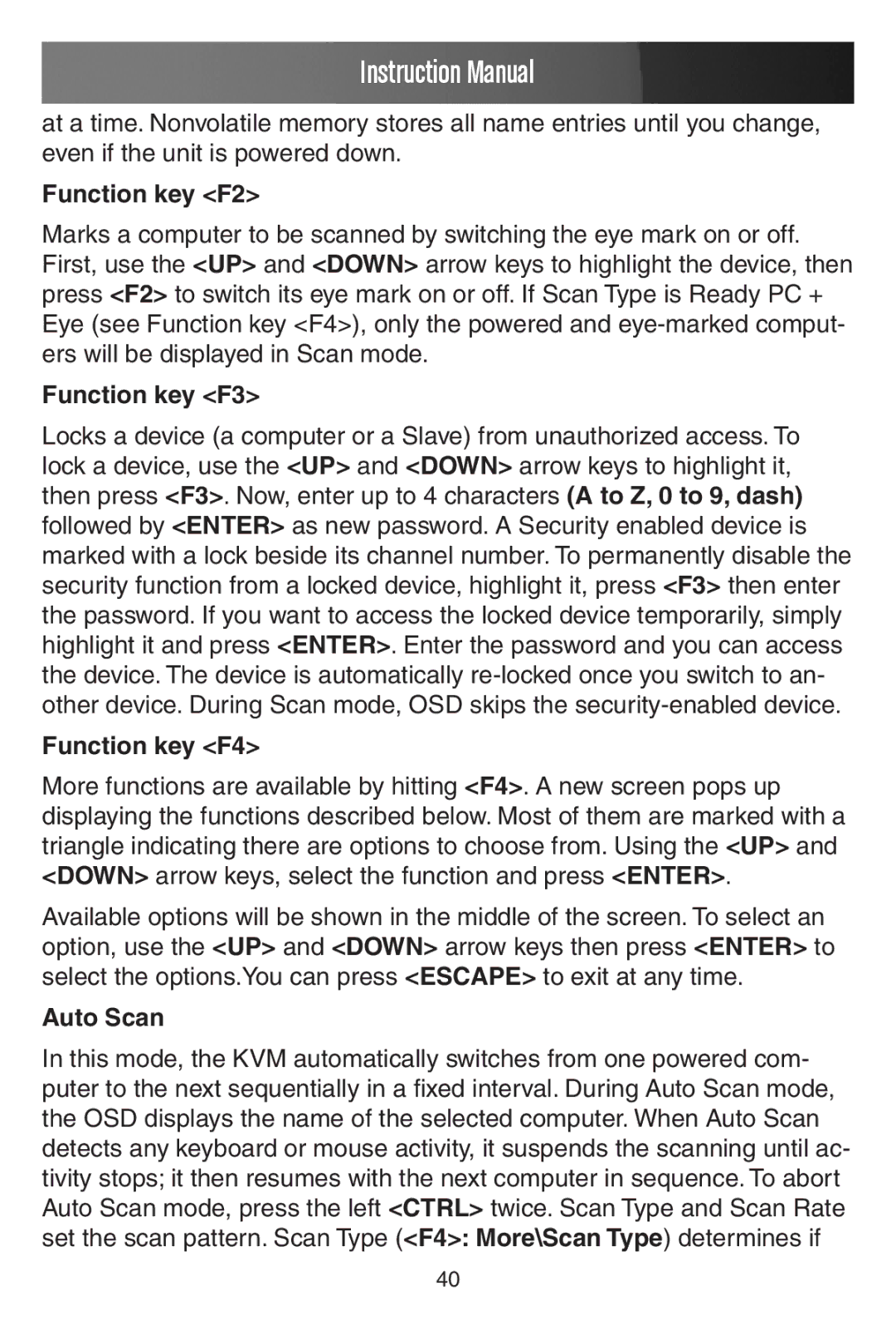 StarTech.com SV441DUSBI instruction manual Function key F2, Function key F3, Function key F4, Auto Scan 