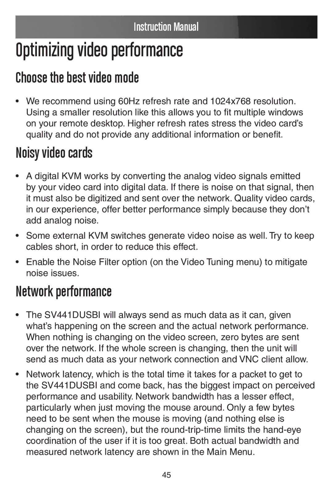 StarTech.com SV441DUSBI Optimizing video performance, Choose the best video mode, Noisy video cards, Network performance 