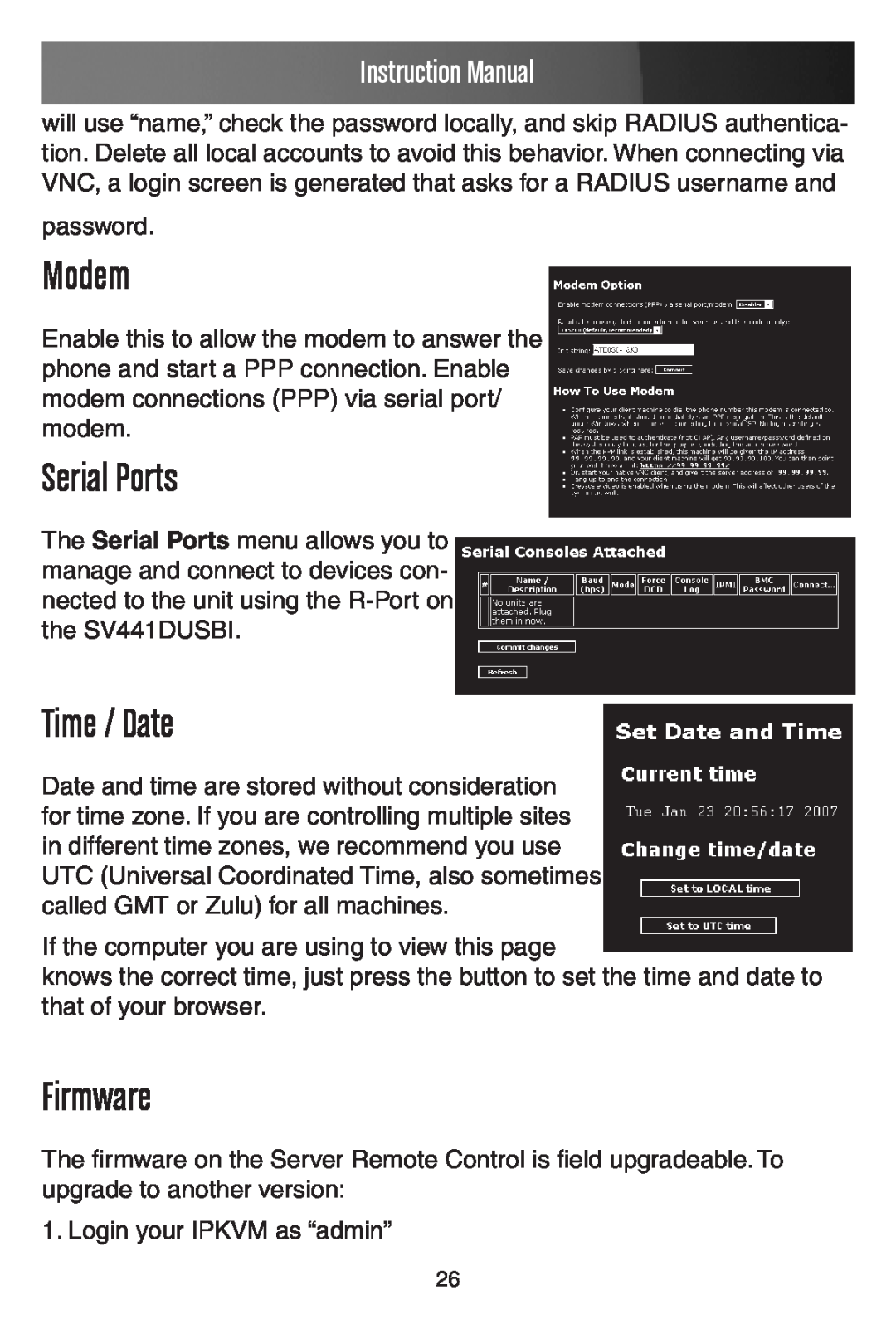 StarTech.com SV441DUSBI instruction manual Modem, Serial Ports, Time / Date, Firmware, Instruction Manual 