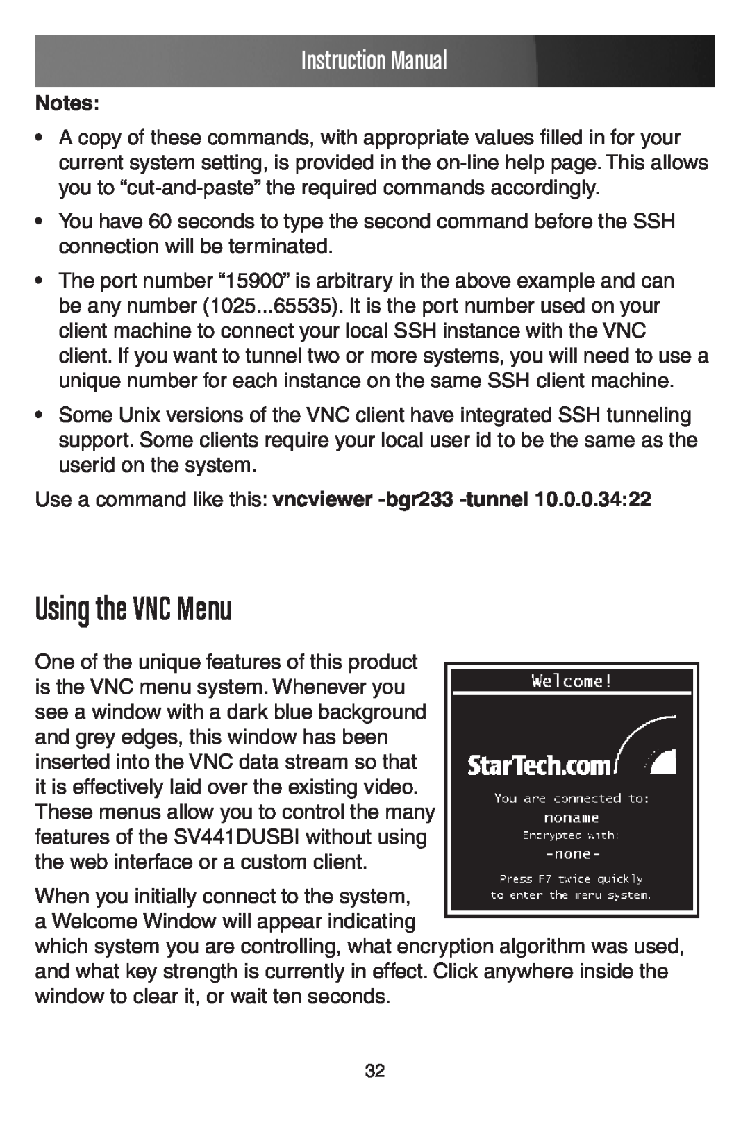 StarTech.com SV441DUSBI Using the VNC Menu, Use a command like this vncviewer -bgr233 -tunnel, Instruction Manual 