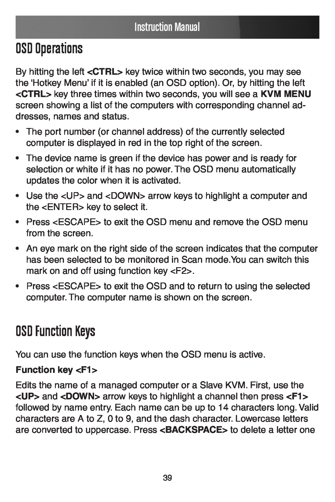 StarTech.com SV441DUSBI instruction manual OSD Operations, OSD Function Keys, Function key F1, Instruction Manual 