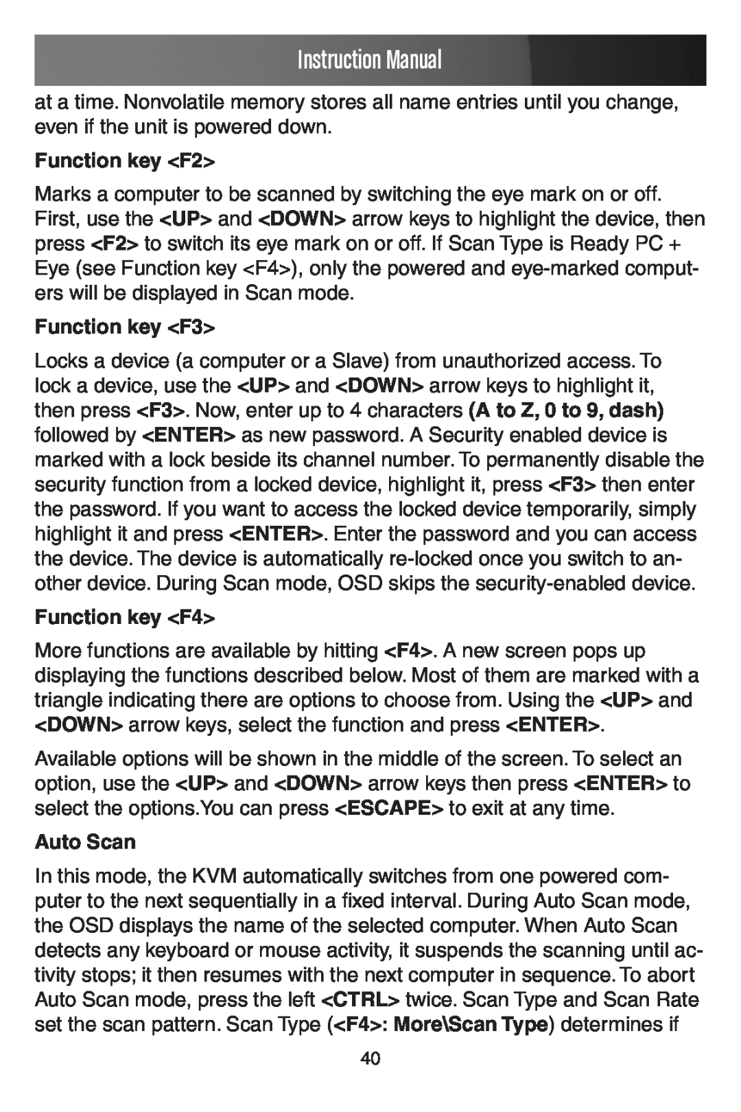 StarTech.com SV441DUSBI instruction manual Function key F2, Function key F3, Function key F4, Auto Scan, Instruction Manual 