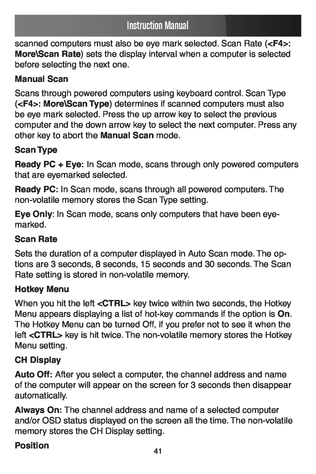 StarTech.com SV441DUSBI Manual Scan, Scan Type, Scan Rate, Hotkey Menu, CH Display, Position, Instruction Manual 