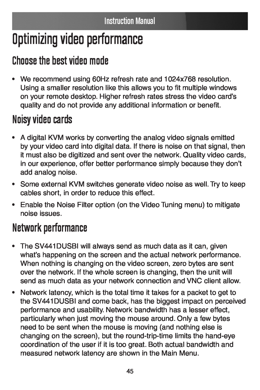 StarTech.com SV441DUSBI Optimizing video performance, Choose the best video mode, Noisy video cards, Network performance 