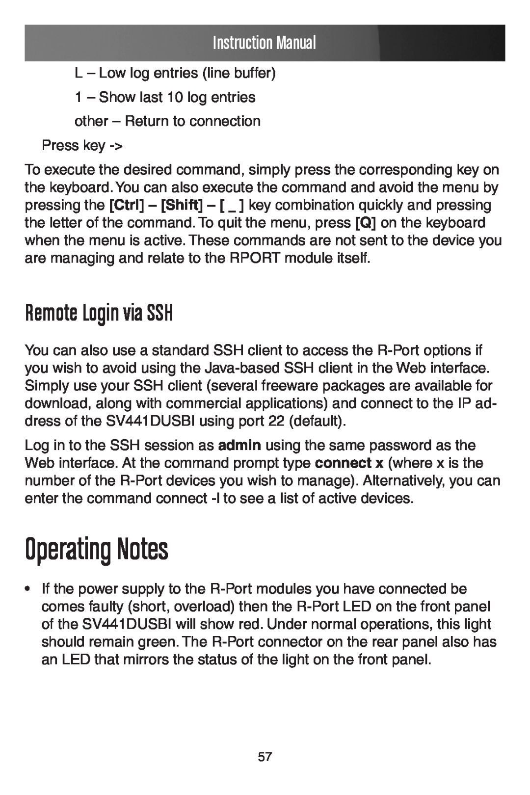 StarTech.com SV441DUSBI instruction manual Operating Notes, Remote Login via SSH, Instruction Manual 