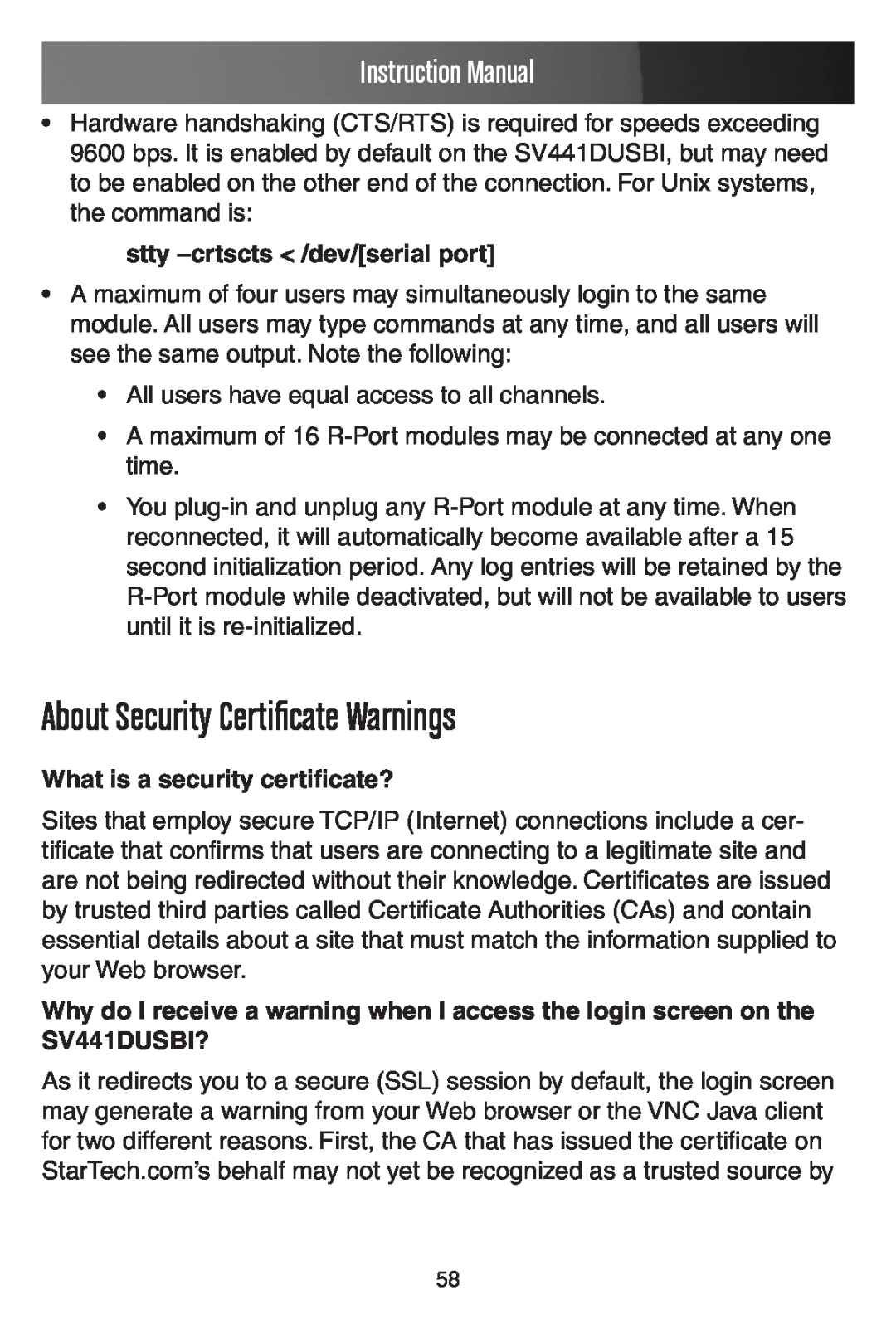 StarTech.com SV441DUSBI About Security Certificate Warnings, stty -crtscts /dev/serial port, Instruction Manual 
