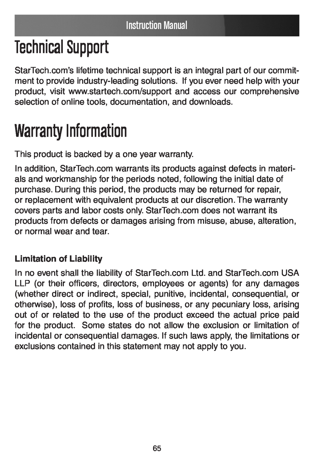 StarTech.com SV441DUSBI Technical Support, Warranty Information, Limitation of Liability, Instruction Manual 
