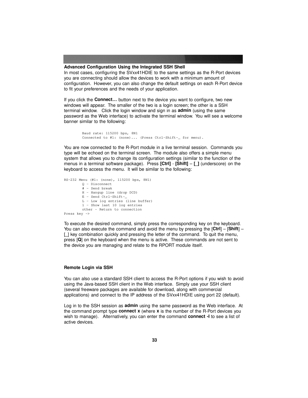 StarTech.com SV841HDIE, SV441HDIE, SV1641HDIE Advanced Configuration Using the Integrated SSH Shell, Remote Login via SSH 