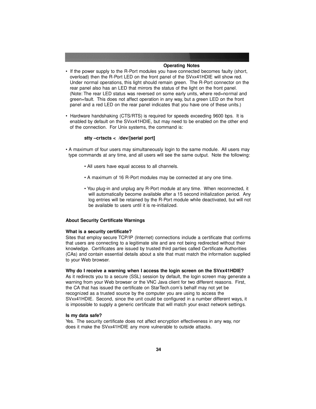 StarTech.com SV1641HDIE, SV441HDIE, SV841HDIE Operating Notes, Stty -crtscts /dev/serial port, Is my data safe? 
