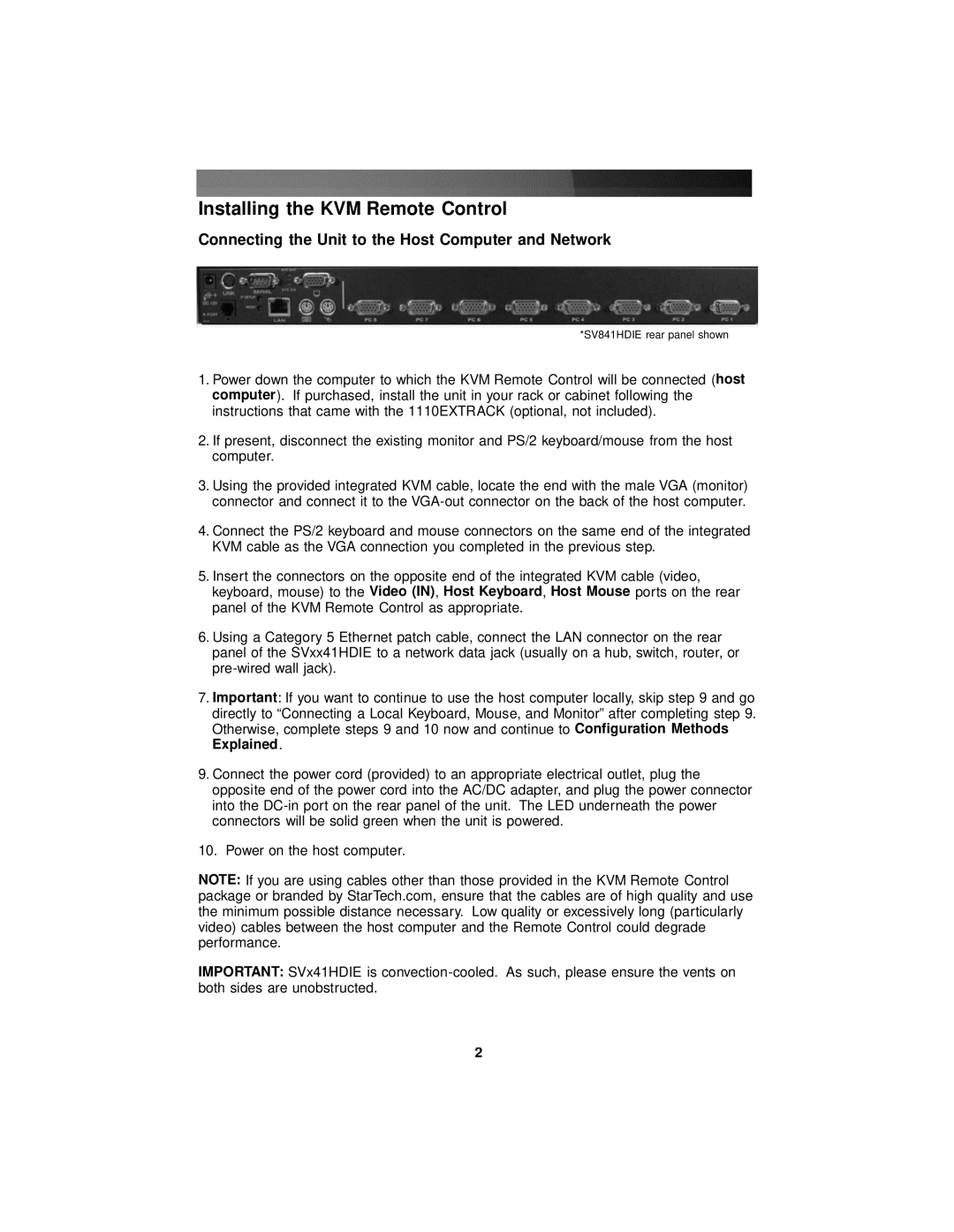 StarTech.com SV441HDIE, SV841HDIE Installing the KVM Remote Control, Connecting the Unit to the Host Computer and Network 