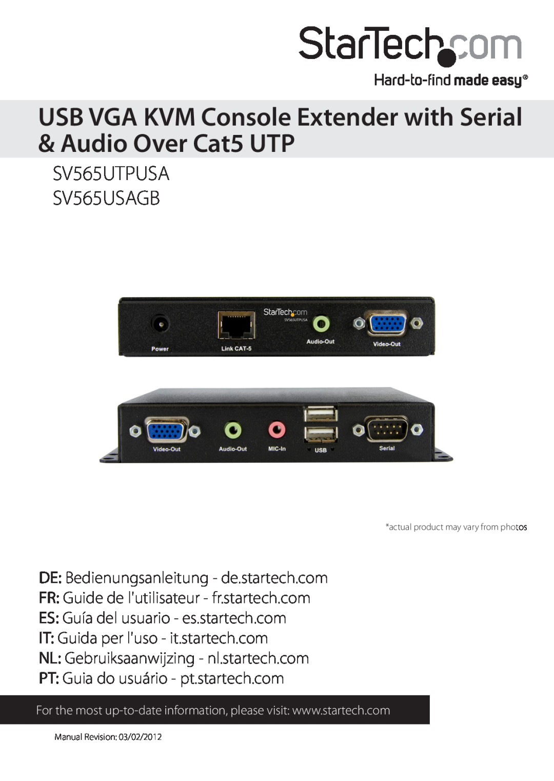 StarTech.com manual USB VGA KVM Console Extender with Serial & Audio Over Cat5 UTP, SV565UTPUSA SV565USAGB 