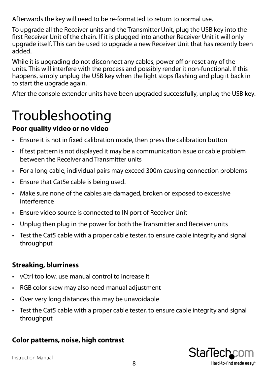 StarTech.com SV565UTPUSA, SV565USAGB manual Troubleshooting, Poor quality video or no video, Streaking, blurriness 