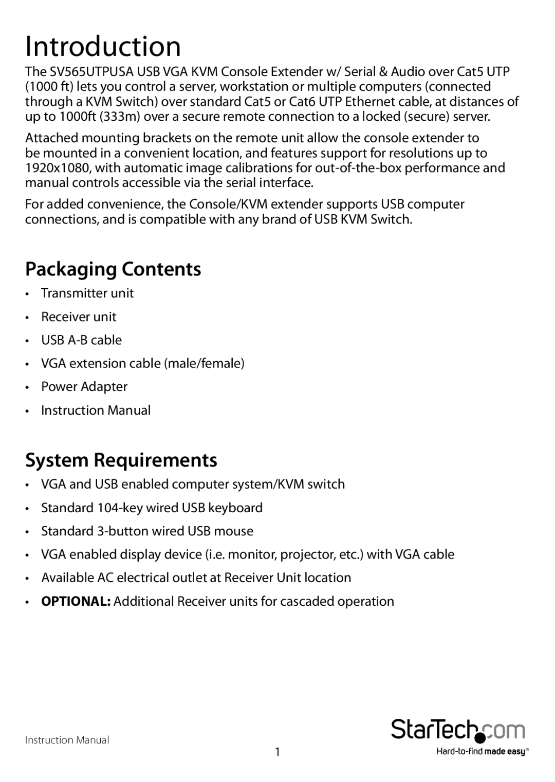 StarTech.com SV565USAGB, SV565UTPUSA manual Introduction, Packaging Contents, System Requirements 