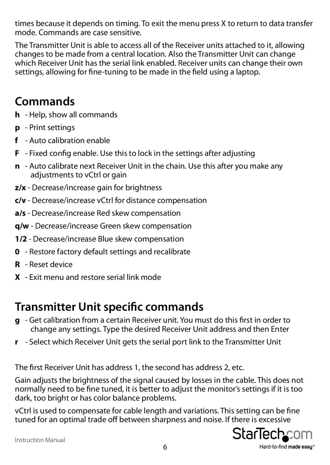 StarTech.com SV565UTPUSA, SV565USAGB manual Commands, Transmitter Unit specific commands 