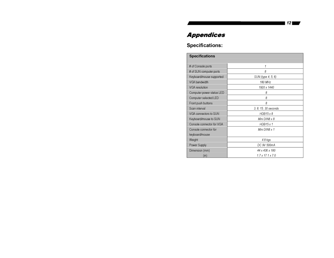 StarTech.com SV831SUN user manual Appendices, Specifications 