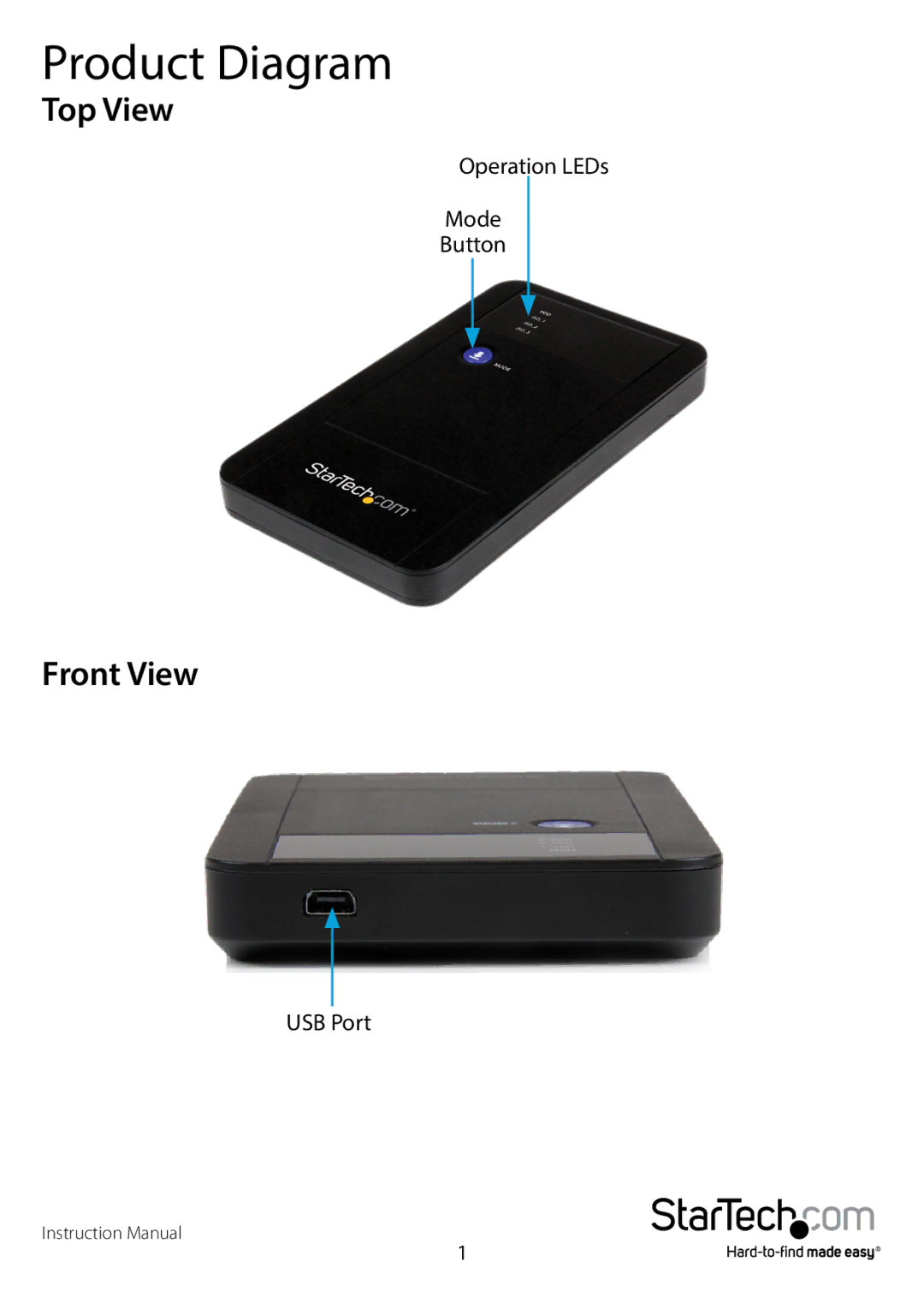 StarTech.com usb 3.0 to 2.5 sata hdd enclosure with iso manual Product Diagram, Top View, Front View 