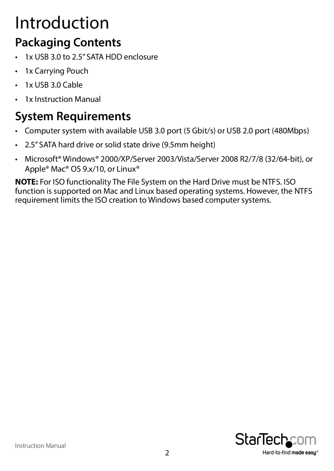 StarTech.com usb 3.0 to 2.5 sata hdd enclosure with iso manual Introduction, Packaging Contents, System Requirements 
