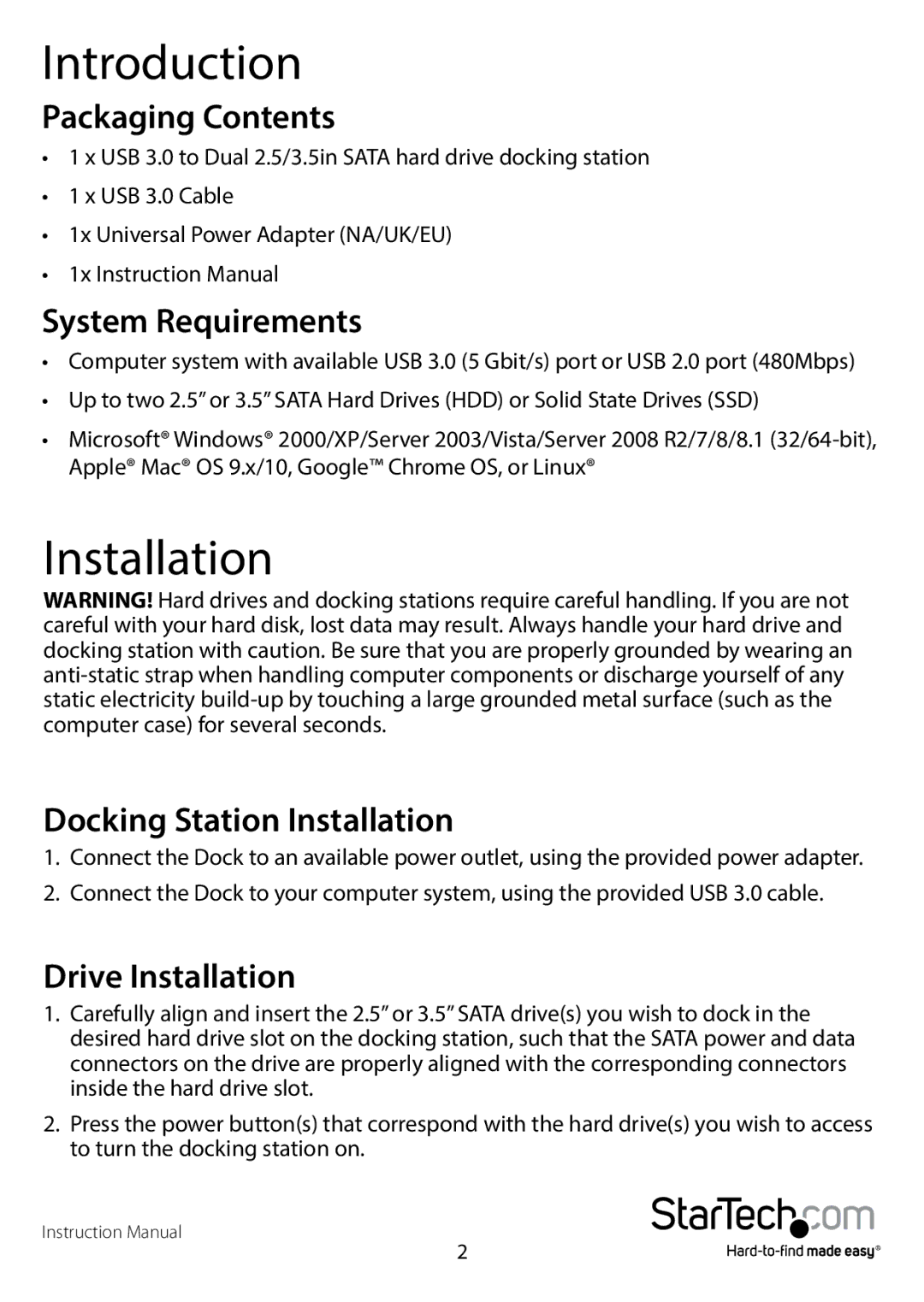 StarTech.com usb 3.0 to dual 2.5/3.5in sata hdd dock with uasp manual Introduction, Installation 